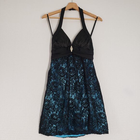 Vintage Halter Dress Womens XS Blue Y2K Lace Sleeveless Mini Goth Prom Party Bow - Picture 1 of 16